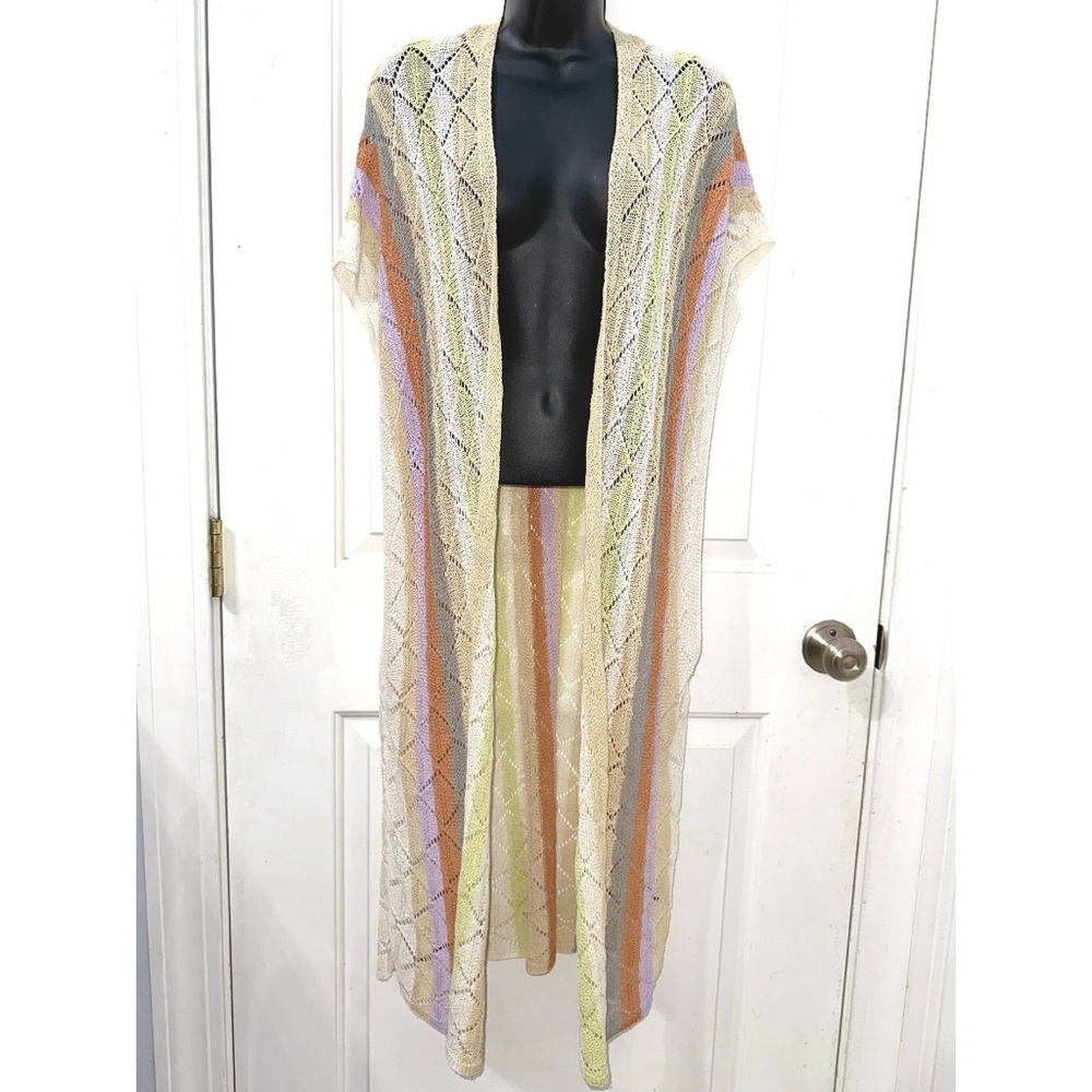 POL multi colored striped short sleeve lightweight cardigan